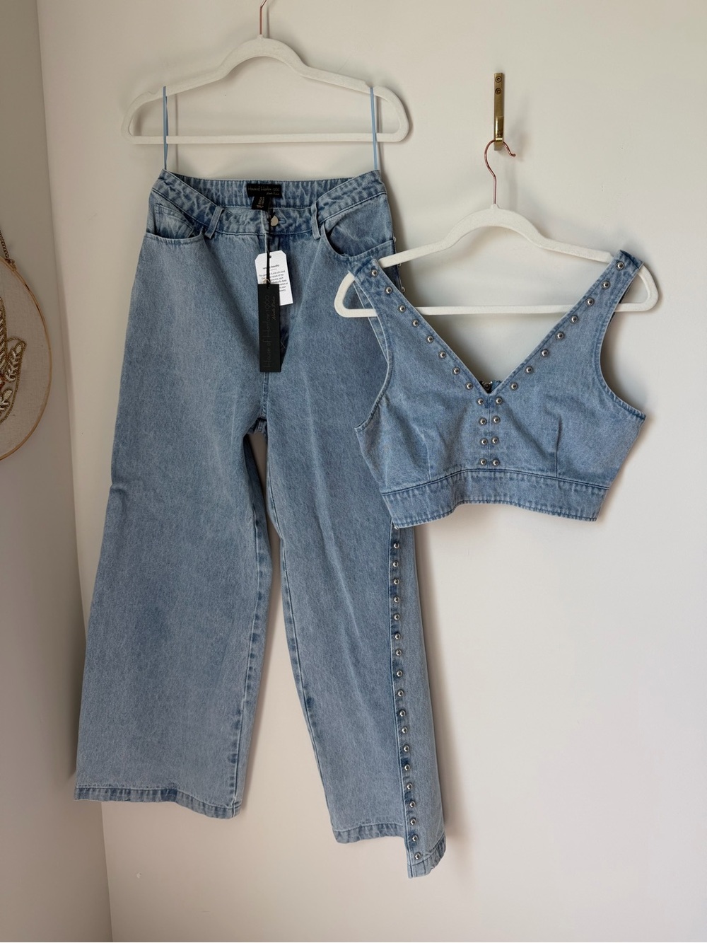 Denim Crop Top & High-Waist wide leg jeans with stud detail two piece set